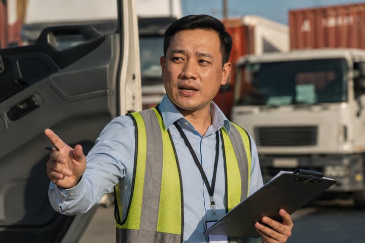Nhân viên điều độ xe phân tài cho lái xe tại bãi container