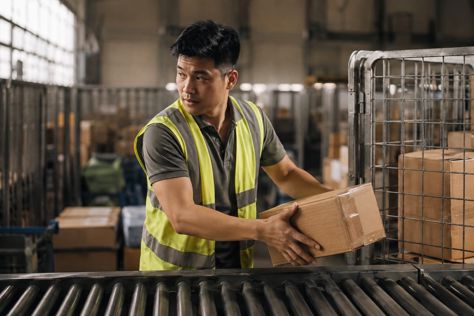 Nhân viên hub chuyển kiện hàng qua băng chuyền phân loại