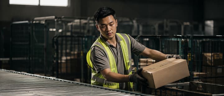 Nhân viên hub chuyển kiện hàng qua băng chuyền phân loại