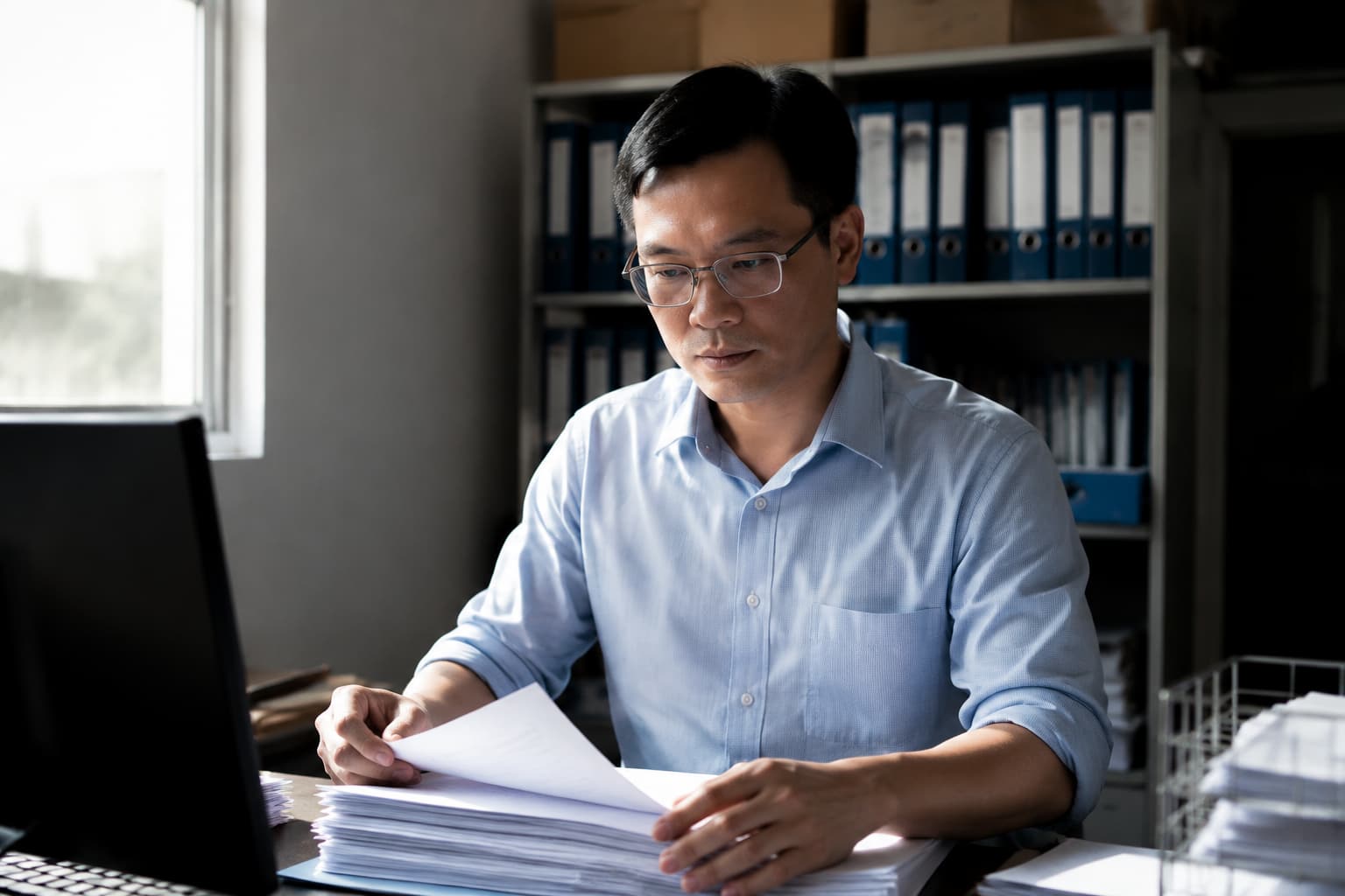 Nhân viên khai báo hải quan soát bộ tờ khai tại bàn làm việc