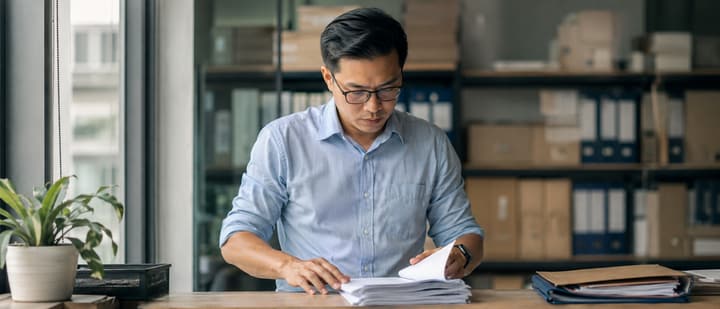 Nhân viên khai báo hải quan soát bộ tờ khai tại bàn làm việc