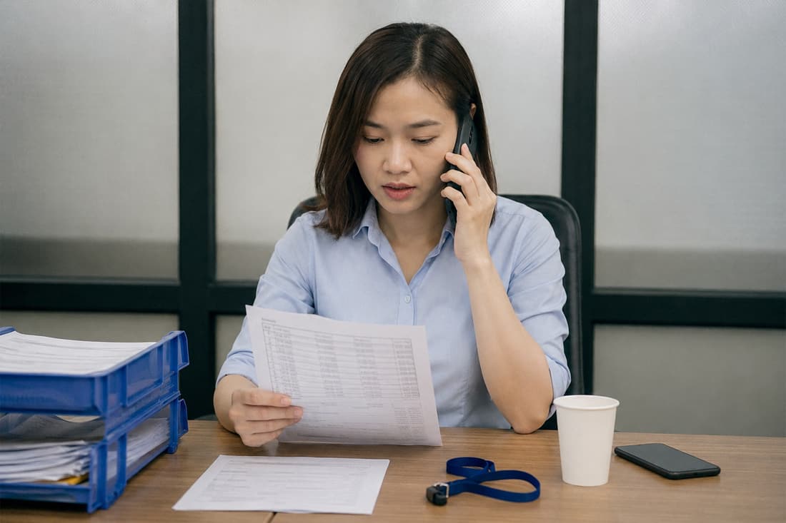 Hai nhân viên sales forwarder xem lại bảng giá cước tại bàn làm việc