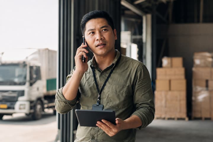 Nhân viên sales vận tải chốt tuyến với khách tại cửa kho